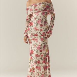 AFRM Pink Floral Long Sleeve Off the Shoulders Mesh Maxi Dress